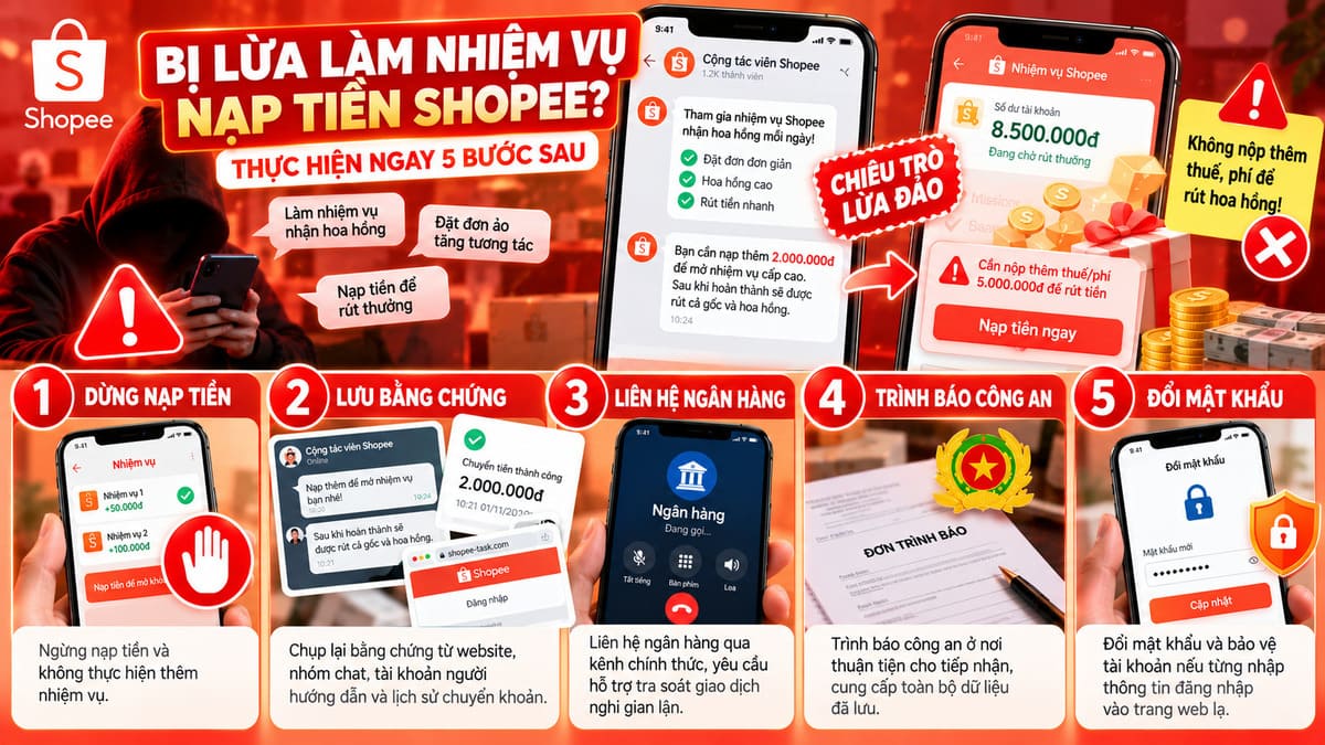 Cách xử lý khi bị lừa đảo nạp tiền, làm nhiệm vụ Shopee