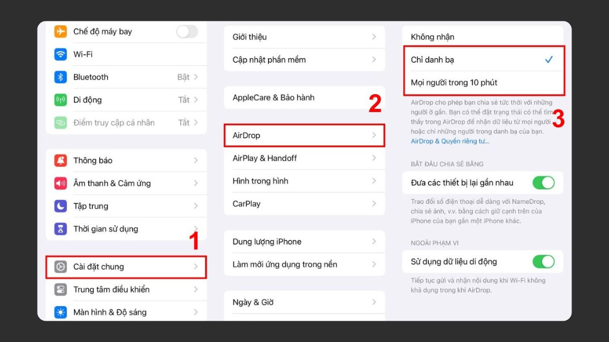Cách mở AirDrop trên iPhone bằng cài đặt