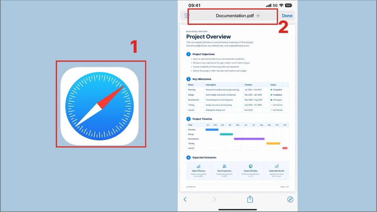 Cách mở file PDF trên điện thoại iPhone bằng Safari - bước 1,2