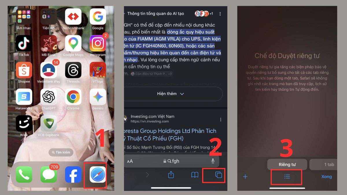 Cách mở tab ẩn danh trên iPhone bằng Safari từ giao diện nhóm tab - bước 1,2,3,4