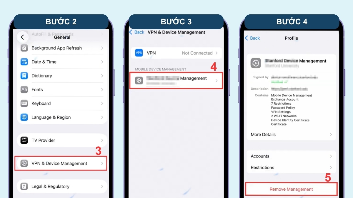 Kiểm tra điện thoại bị theo dõi trên iPhone bằng cách kiểm tra cấu hình quản lý - bước 2,3,4