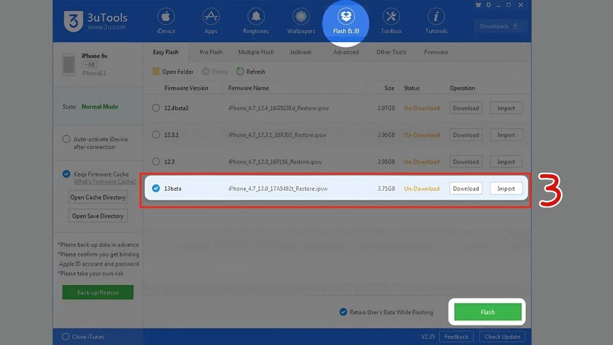 Cách hạ cấp iOS 26 xuống iOS 18 bằng 3uTools - bước 3