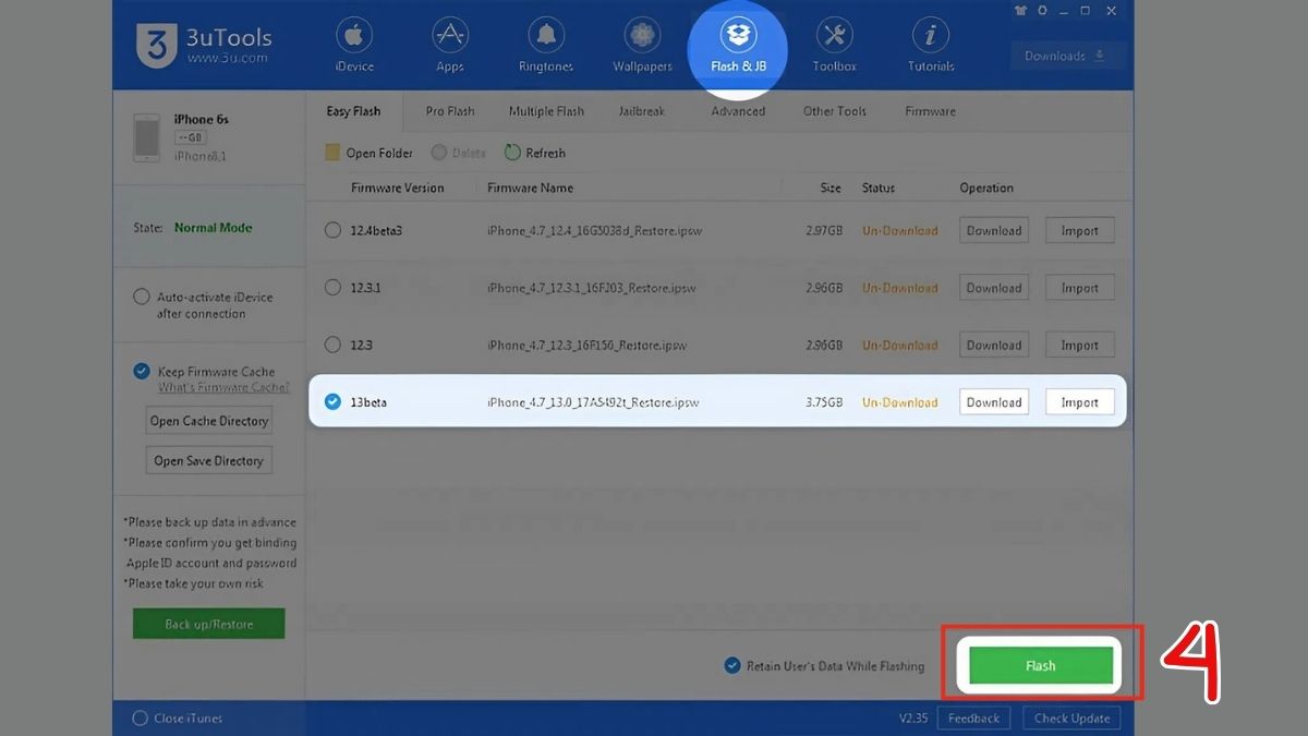 Cách hạ cấp iOS 26 xuống iOS 18 bằng 3uTools - bước 4