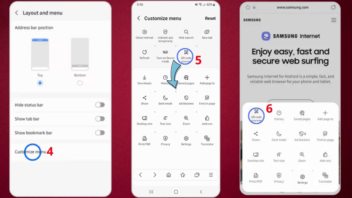Cách quét QR Samsung bằng Samsung Internet - bước 2,3