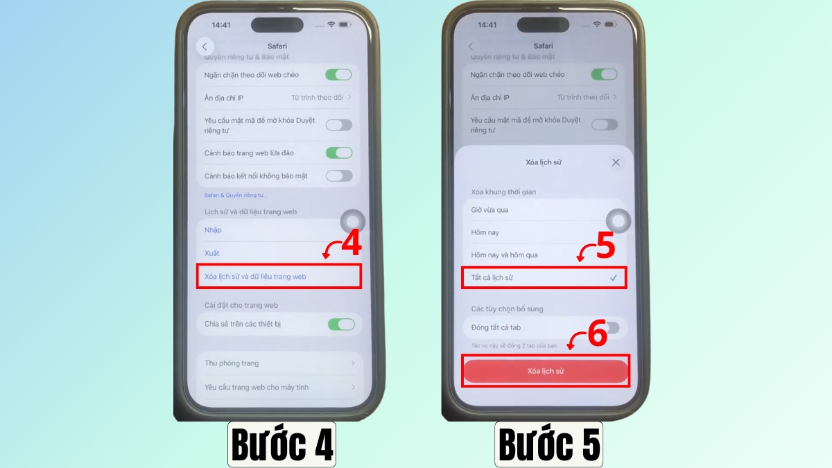 Cách quét virus trên iPhone 17 bằng cách xóa lịch sử dữ liệu Safari - bước 2,3,4