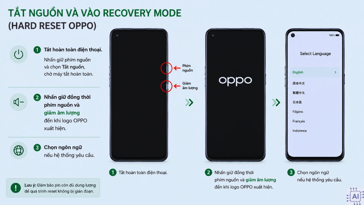 Cách hard reset OPPO bằng Recovery Mode và Wipe data - bước 1