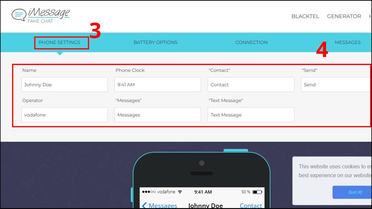 Cách tạo tin nhắn SMS giả trên iPhone bằng web Fakeimess - bước 2
