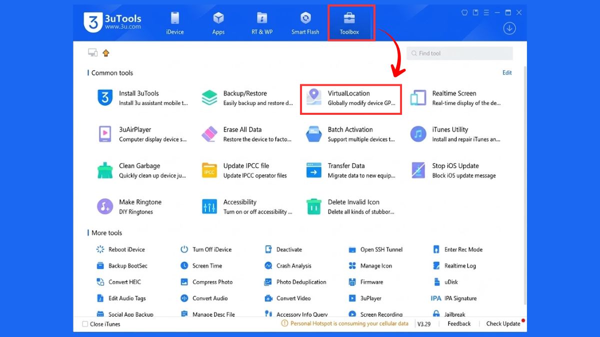 Sử dụng phần mềm 3uTools để tạo ví trí giả trên iPhone - bước 3