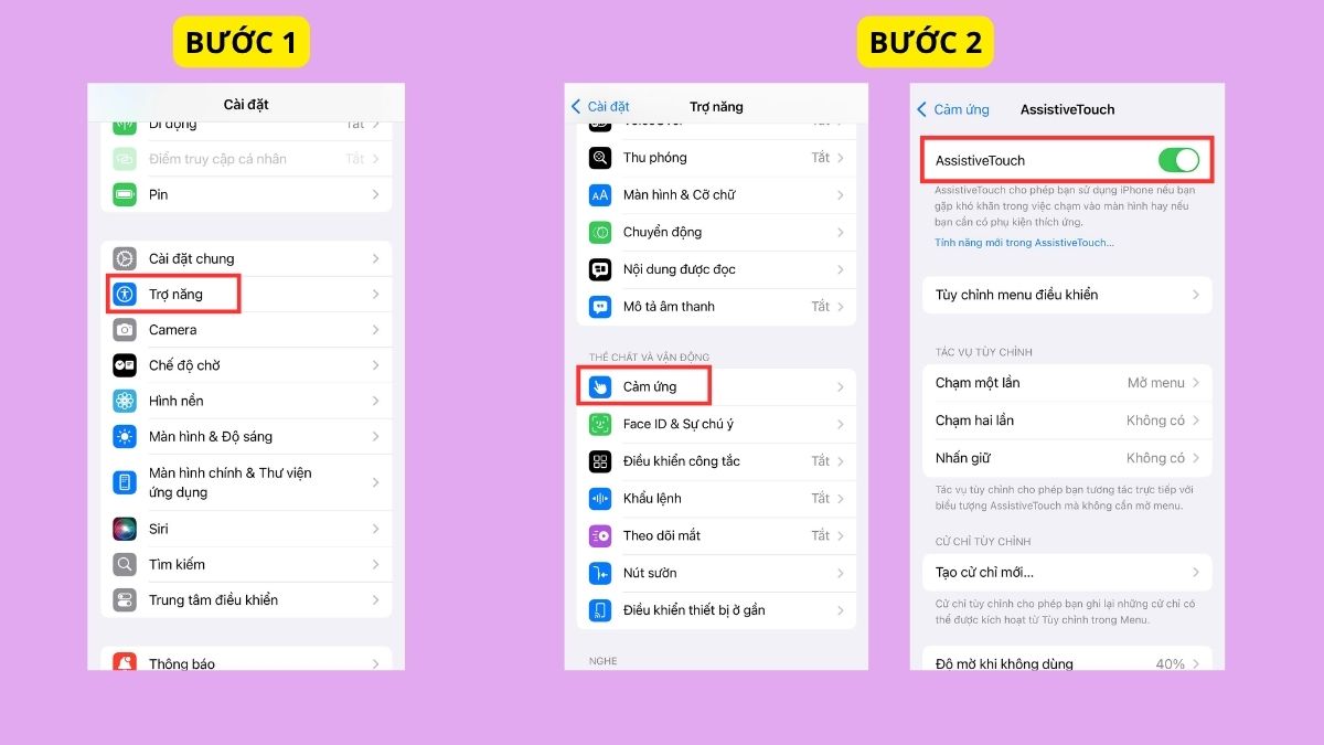 Tắt màn hình iPhone 14 bằng AssistiveTouch - bước 1,2