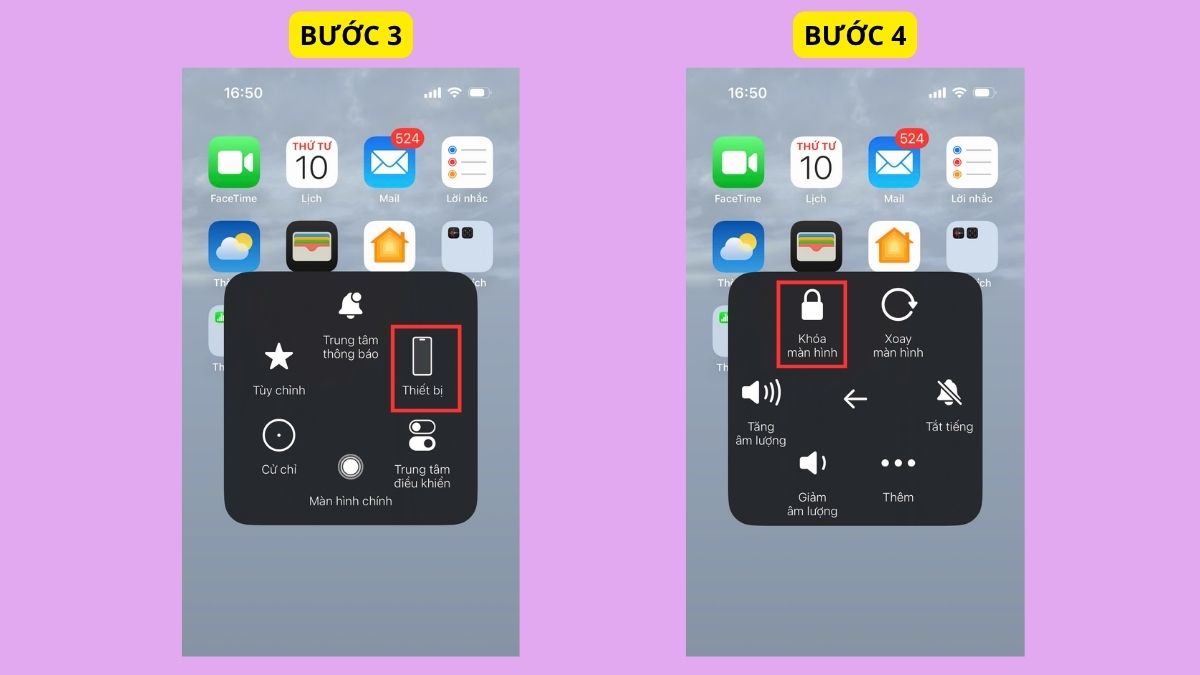 Tắt màn hình iPhone 14 bằng AssistiveTouch - bước 3,4