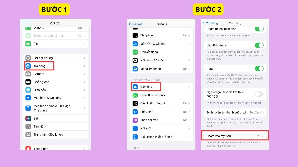 Tắt màn hình iPhone 14 bằng tính năng chạm mặt lưng - bước 1,2