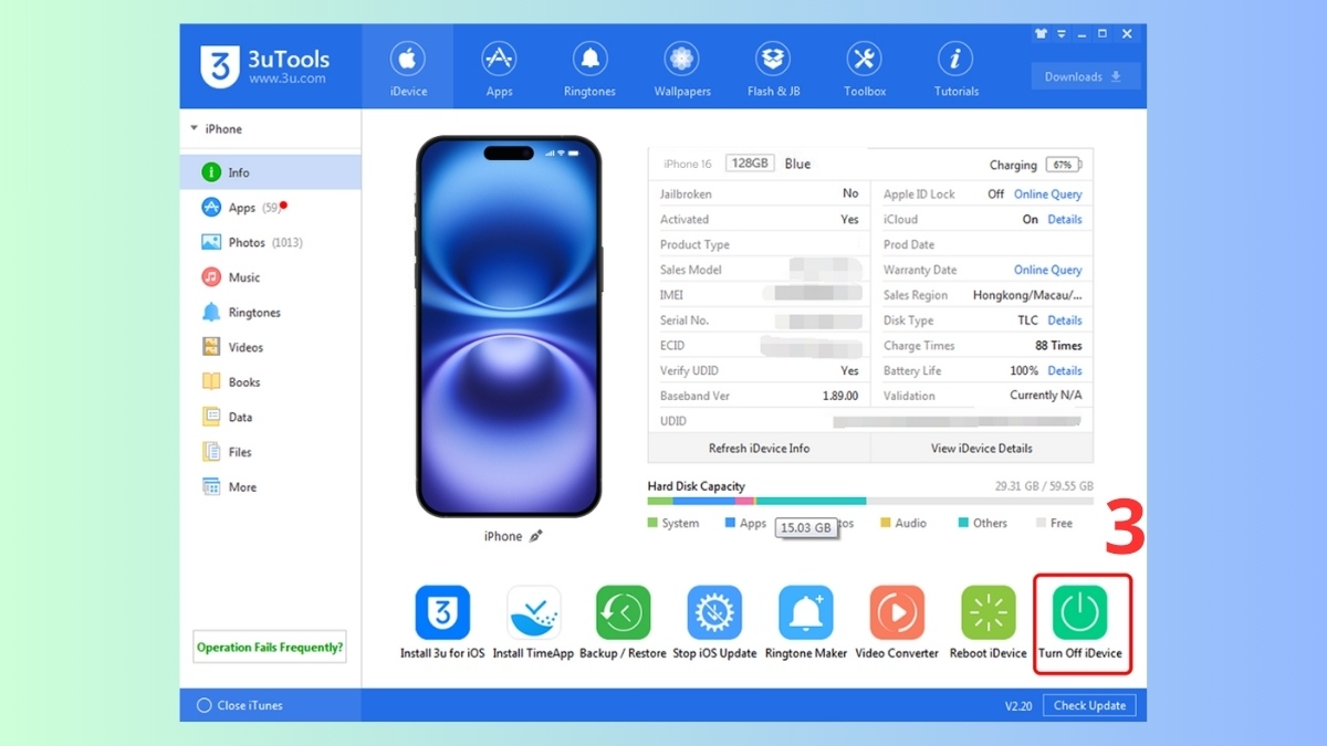 Cách tắt nguồn iPhone 16 bằng 3uTools - bước 3