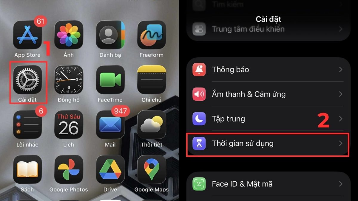 Cách bật chế độ tính thời gian sử dụng trên iPhone - bước 1