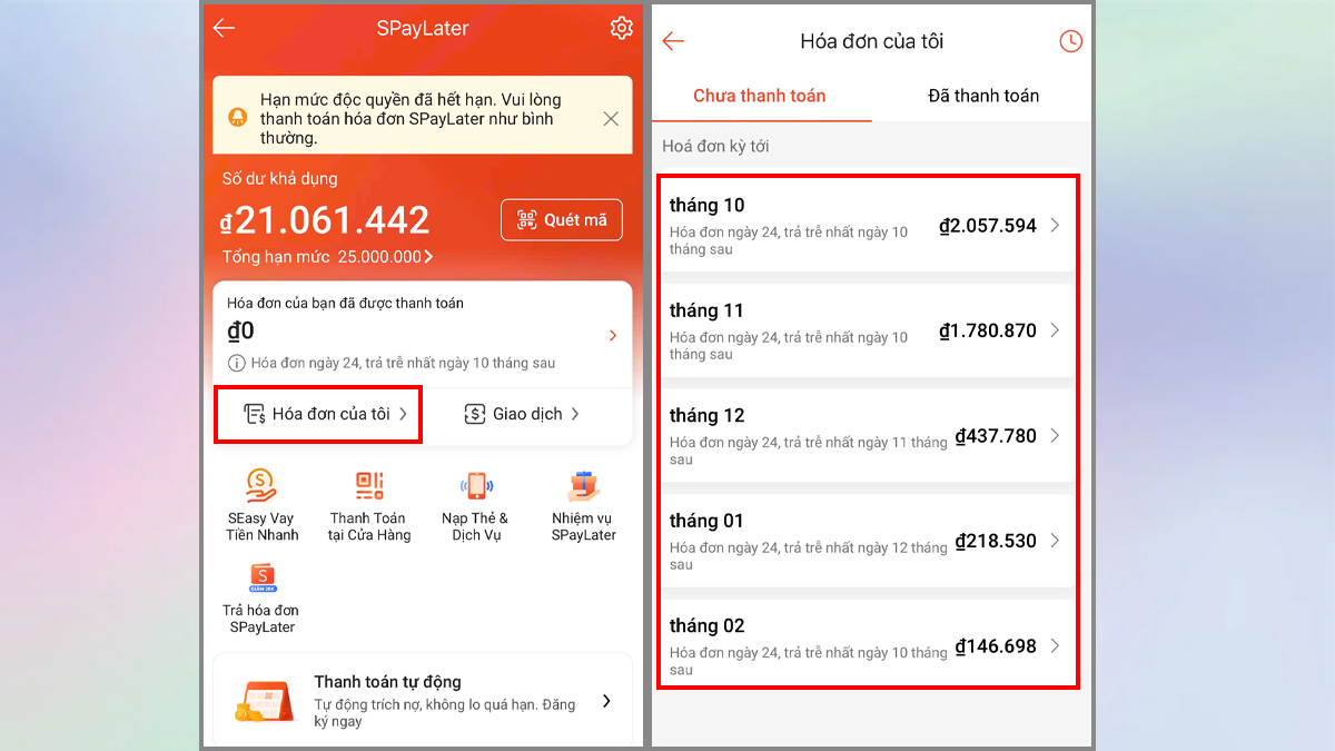 Thanh toán SPayLater trong thời gian được mở lại - bước 1