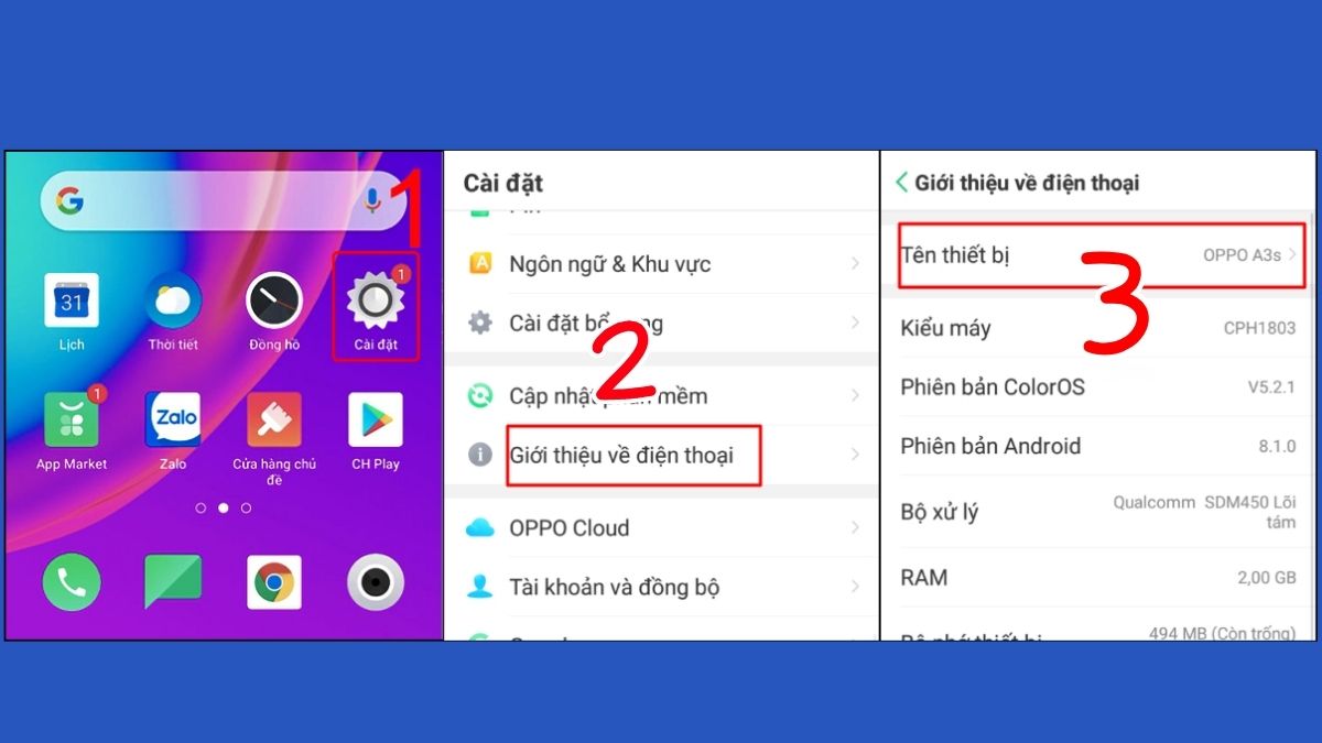 Cách xem tên điện thoại OPPO trong cài đặt