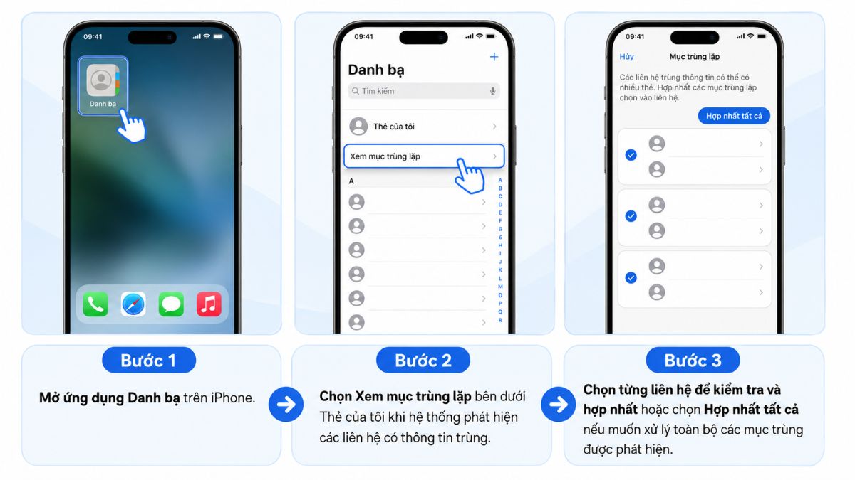 Cách xoá danh bạ trùng lặp trên iPhone iOS 16 trở lên