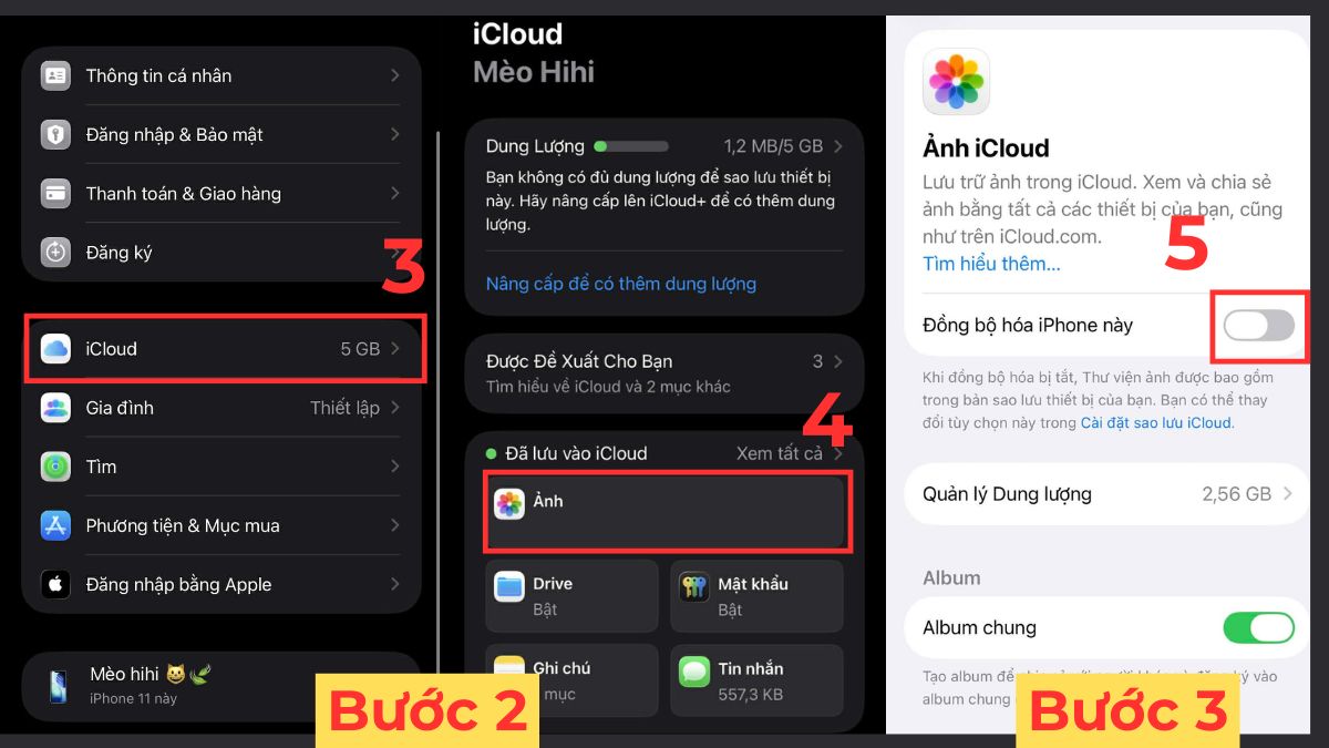 Cách xóa dung lượng iCloud trên iPhone bằng sao lưu ảnh iCloud - bước 2