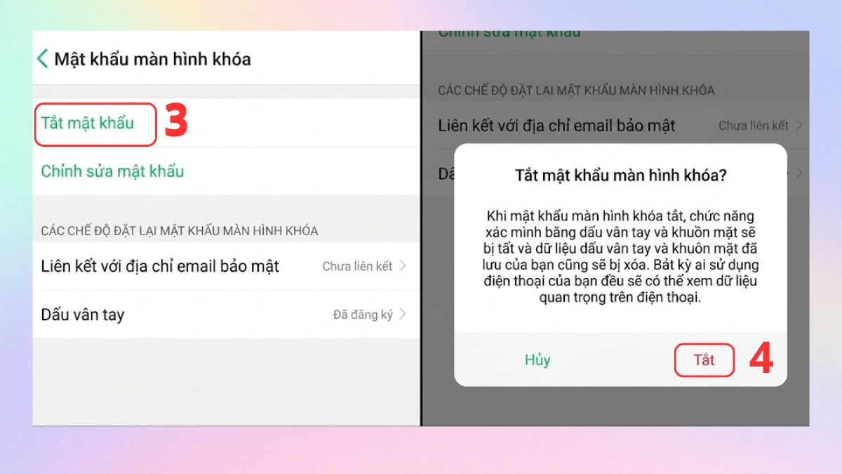 Cách xóa mật khẩu màn hình chính OPPO khi nhớ - bước 2,3