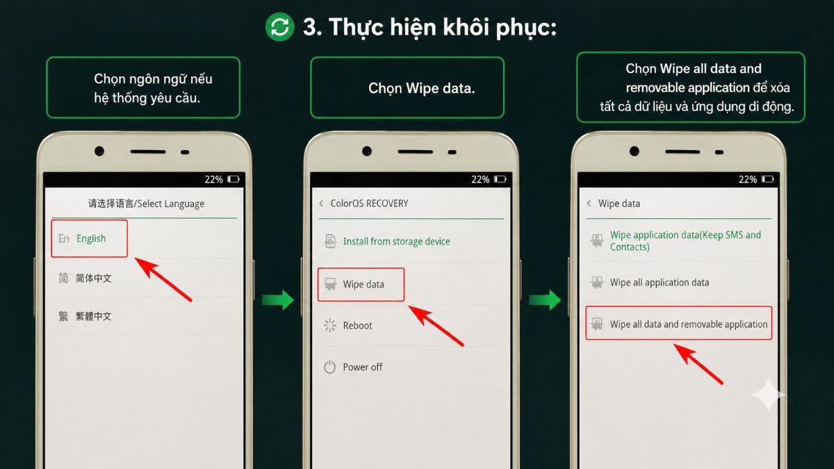 Cách xóa mật khẩu màn hình OPPO khi quên bằng hard reset - bước 2,3