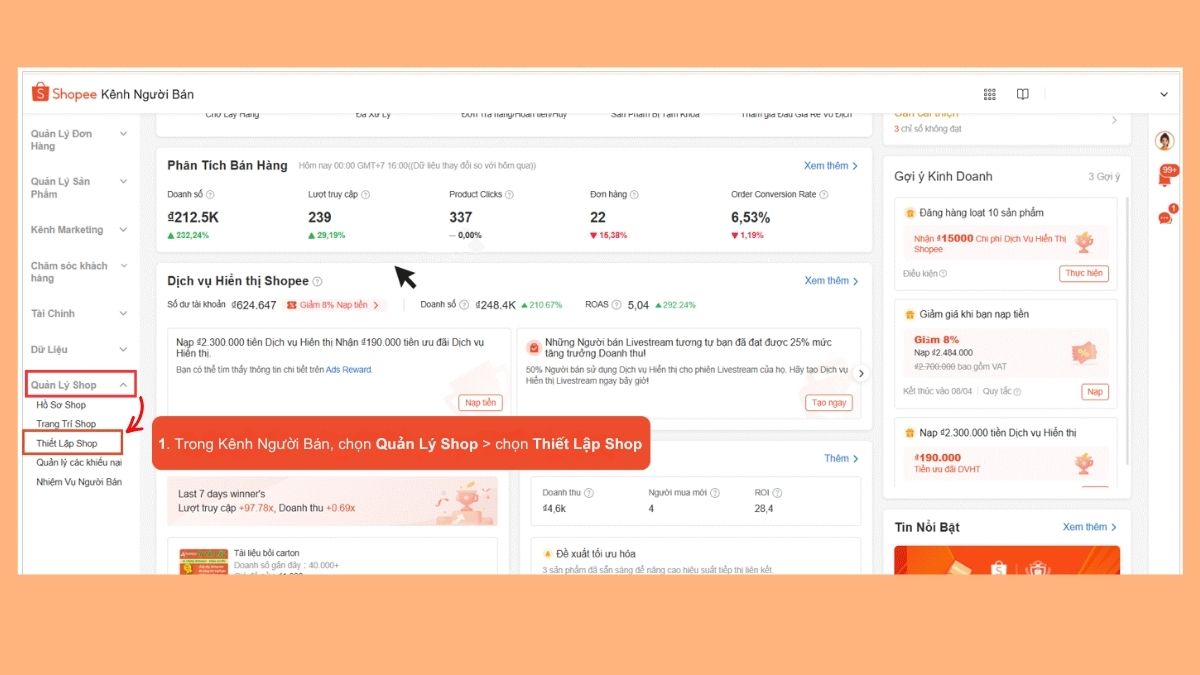 Cách đóng shop trên Shopee Kênh Người bán - bước 1
