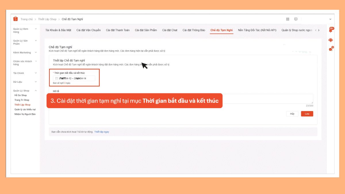 Cách đóng shop trên Shopee Kênh Người bán - bước 3