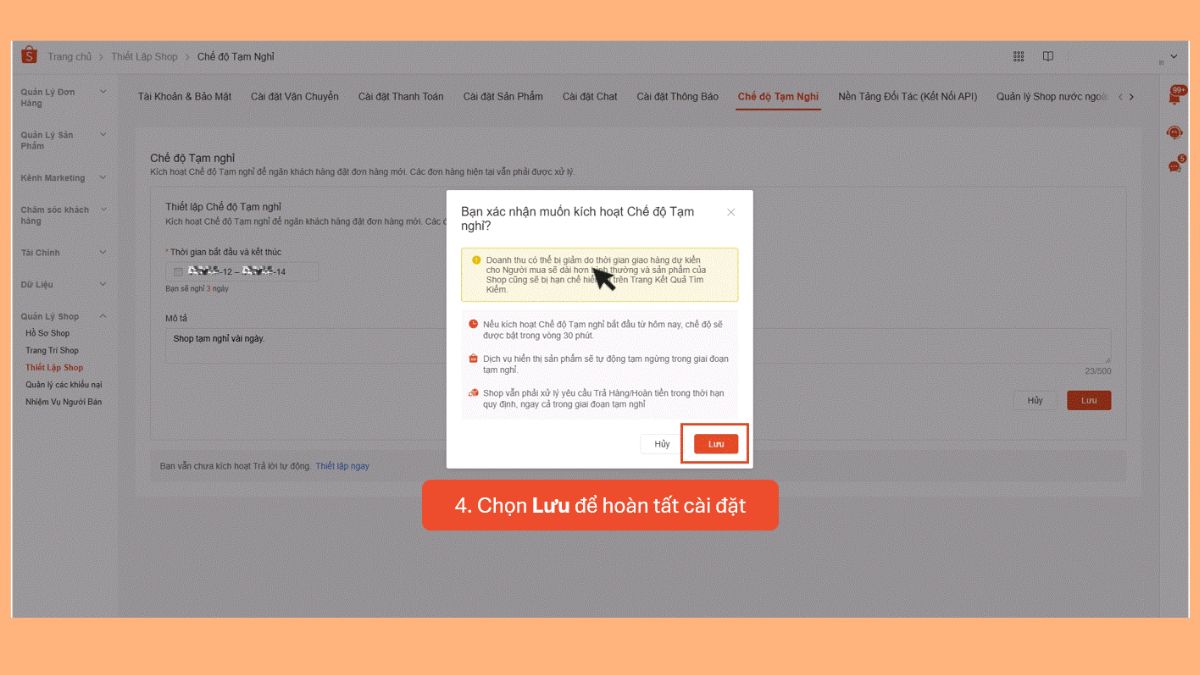 Cách đóng shop trên Shopee Kênh Người bán - bước 4