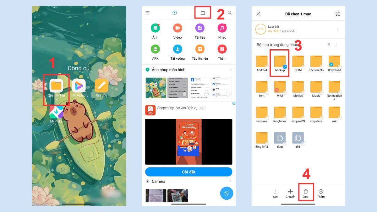 Cách xóa tập tin hệ thống trên Xiaomi bằng xóa file Backup
