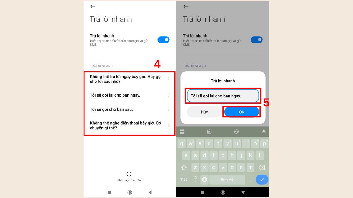 Cách thay đổi tin nhắn trả lời cho cuộc gọi đến trên Android - bước 2,3,4