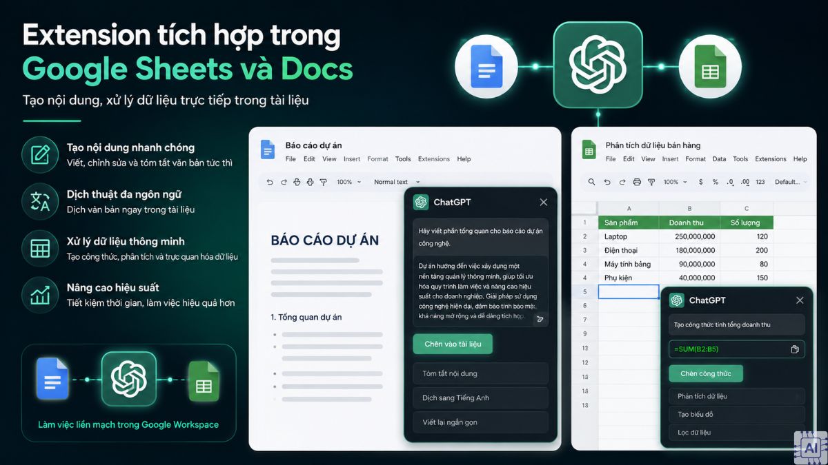 Chat GPT Extension tích hợp trong Google Sheets và Docs
