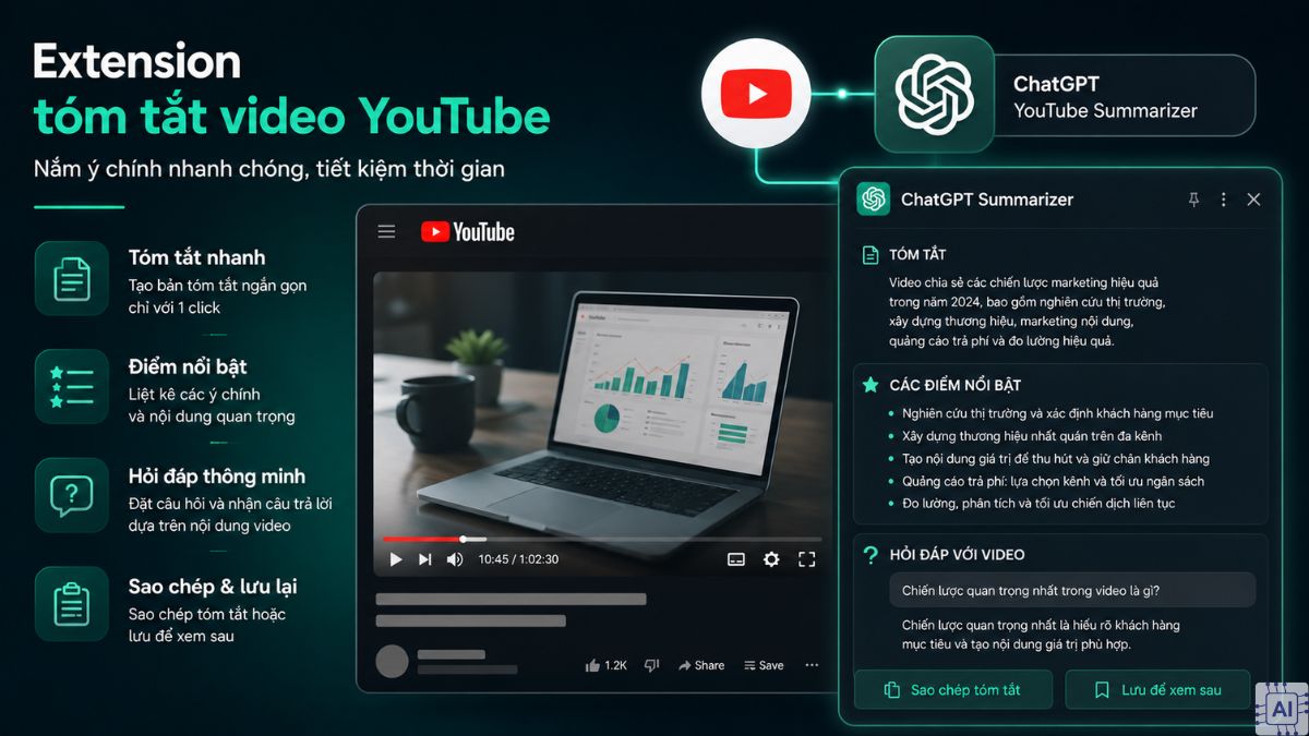 Chat GPT Extension tóm tắt video YouTube