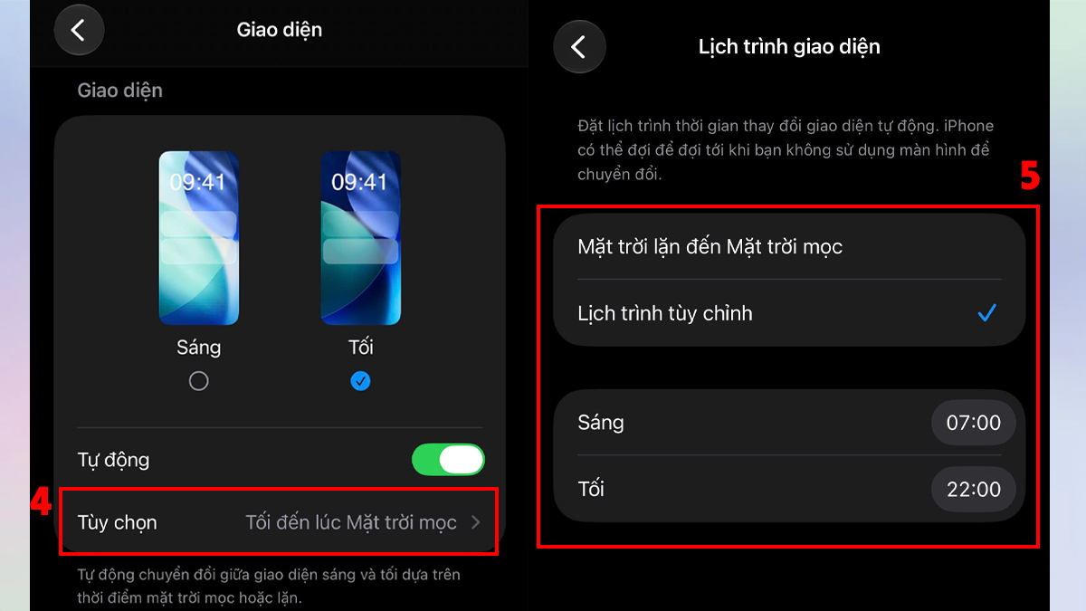 Cách hẹn giờ tự động bật tắt chế độ tối trên iPhone - bước 2,3,4