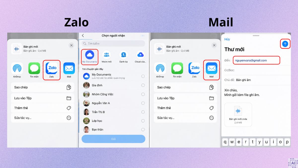 Cách chuyển file ghi âm iPhone sang máy tính bằng Zalo và Email - bước 3