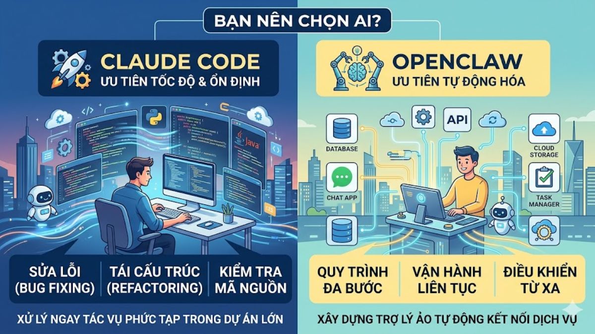 Lựa chọn giữa 2 công cụ Claude và OpenClaw