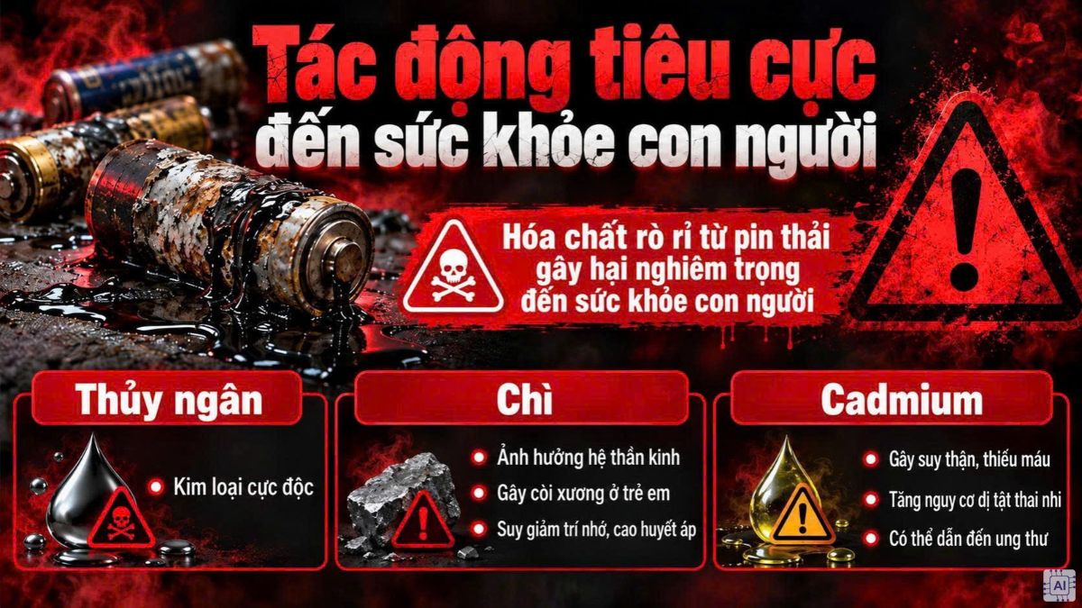 Vứt pin vào rác thường sẽ rò rỉ kim loại gây ảnh hưởng đến sức khỏe con người