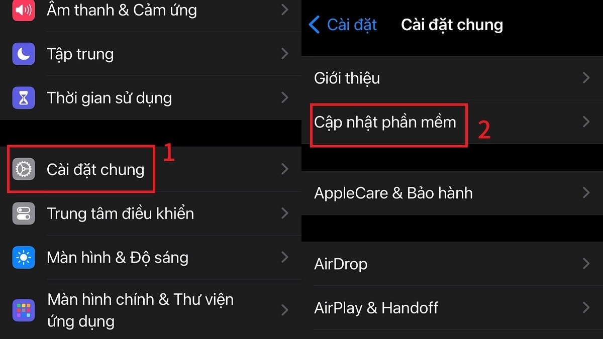 Khắc phục lỗi dây sạc iPhone không vào điện bằng cách cập nhật iOS - bước 1,2