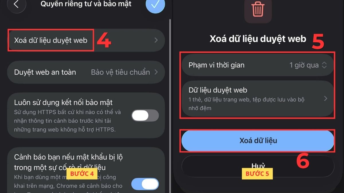 Xóa dữ liệu trình duyệt và cookie khi điện thoại bị quảng cáo liên tục - bước 2,3,4,5