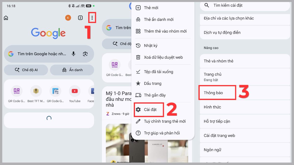 Tắt thông báo từ website khi điện thoại bị quảng cáo liên tục - bước 1