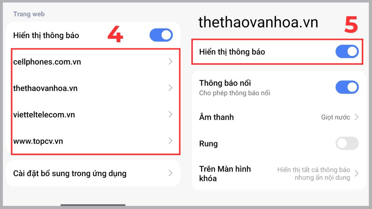 Tắt thông báo từ website khi điện thoại bị quảng cáo liên tục - bước 2,3,4,5