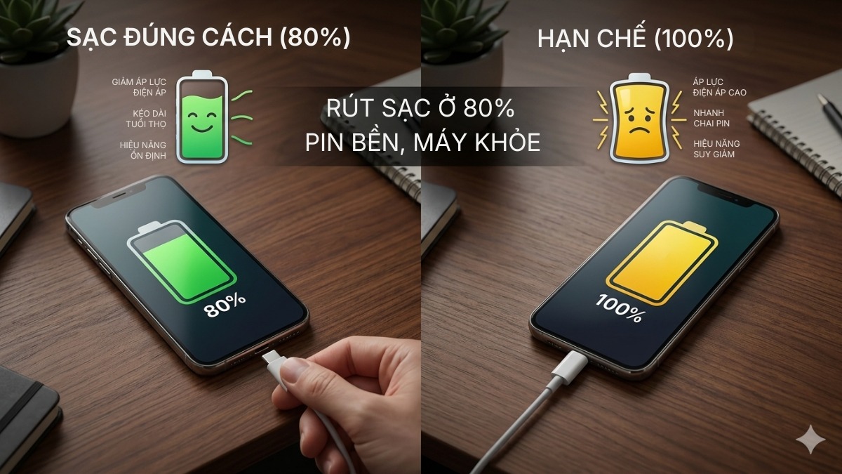 Nên sạc pin đến mức khoảng 80% thì rút sạc