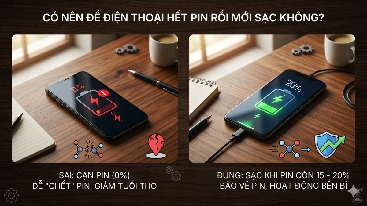 Không nên để điện thoại hết pin rồi mới sạc