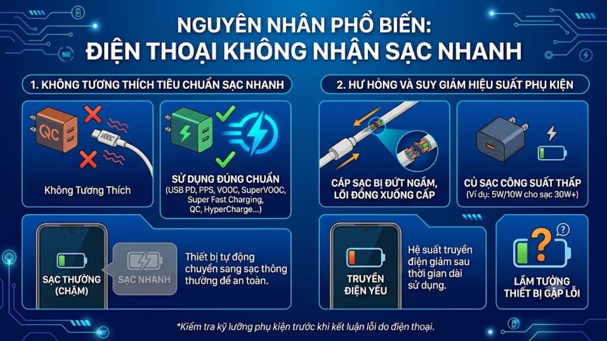 Củ sạc và cáp sạc không tương thích khiến điện thoại không nhận sạc nhanh