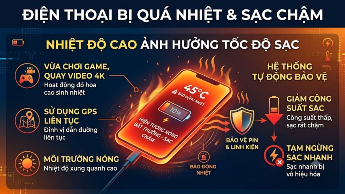 Nhiệt độ cao khiến điện thoại không nhận sạc nhanh