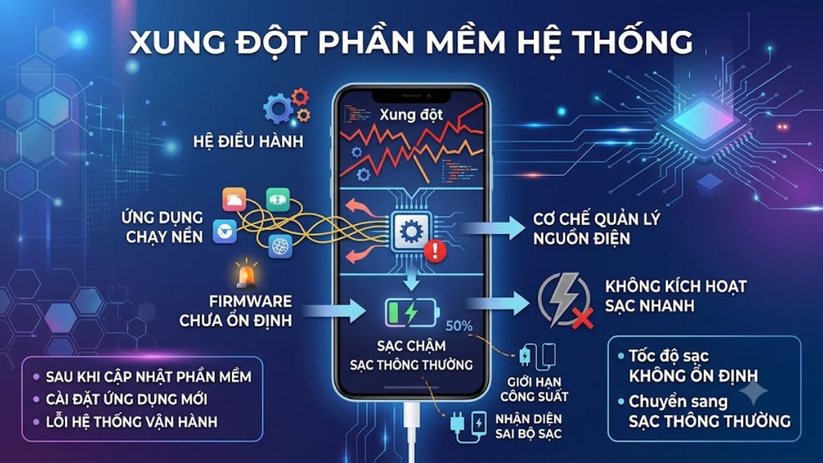 Xung đột phần mềm hệ thống khiến điện thoại không nhận sạc nhanh