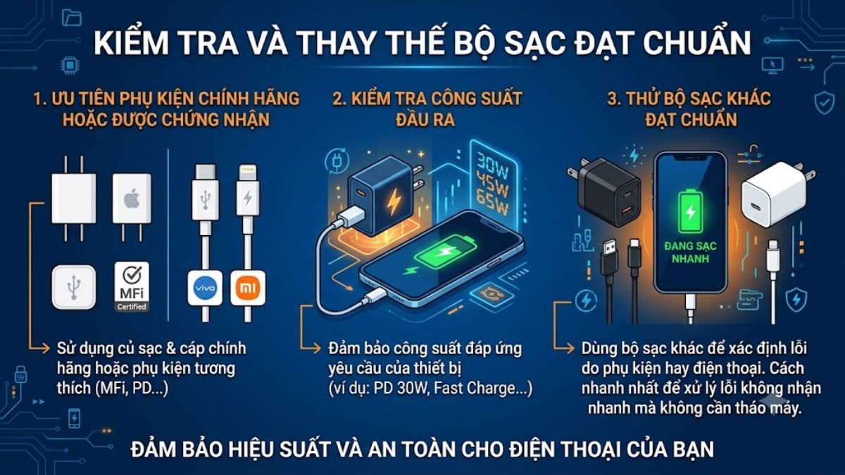 Kiểm tra và thay thế bộ sạc đạt chuẩn khi điện thoại không nhận sạc nhanh