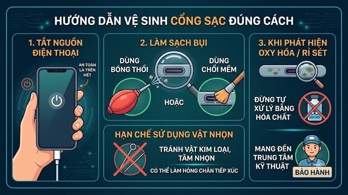 Vệ sinh cổng sạc đúng cách khi điện thoại không nhận sạc nhanh