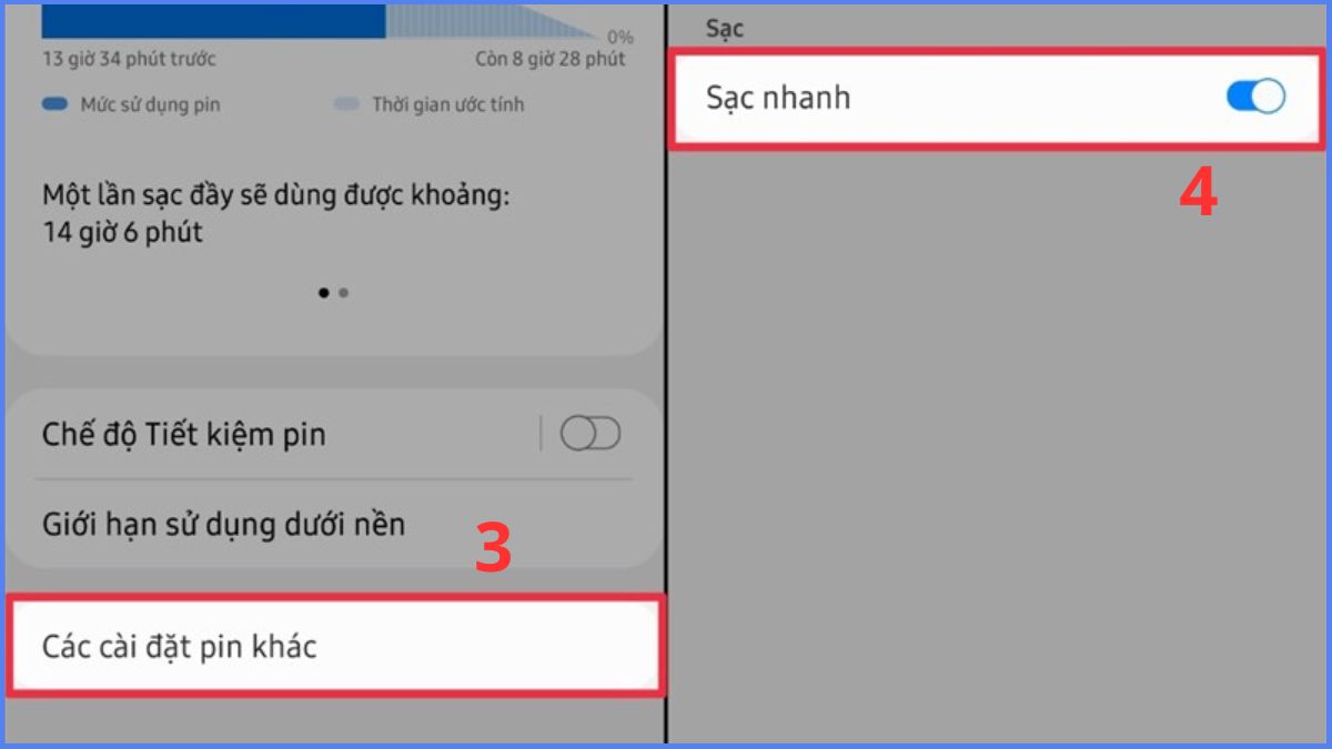 Kích hoạt lại tính năng sạc nhanh khi điện thoại không nhận sạc nhanh - bước 2,3,4