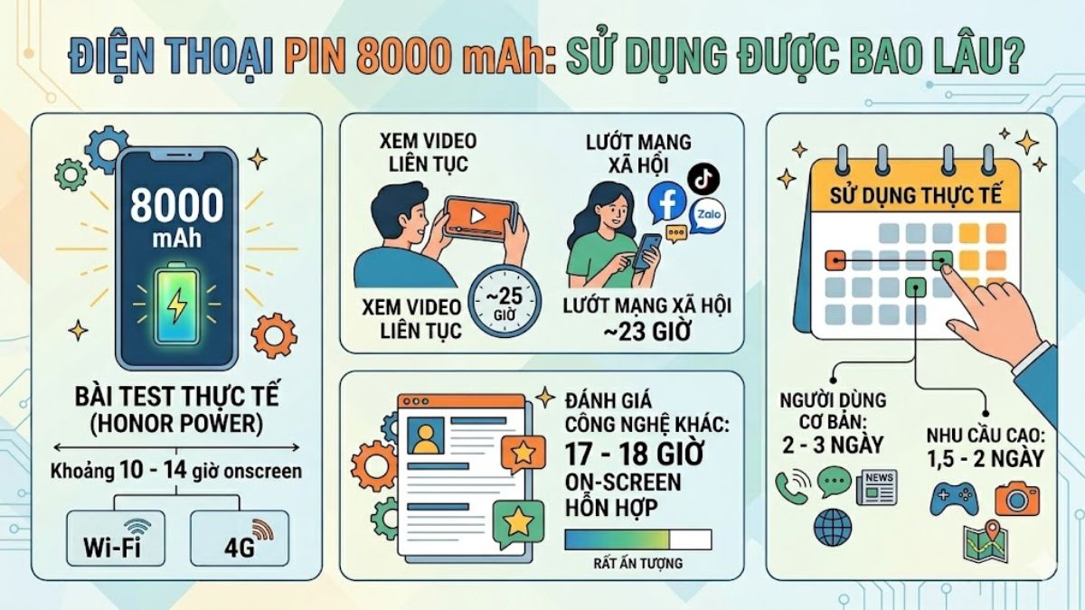 Điện thoại pin 8000 dùng được khoảng 10 - 14 giờ