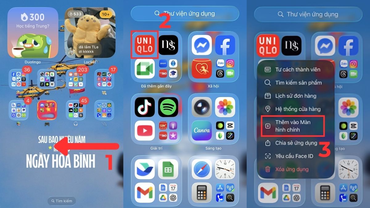 Cách đưa ứng dụng ra màn hình điện thoại iPhone bằng cách giữ để thêm vào MH chính
