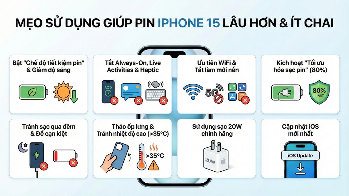 Mẹo sử dụng giúp pin iPhone 15 lâu hơn và ít chai pin