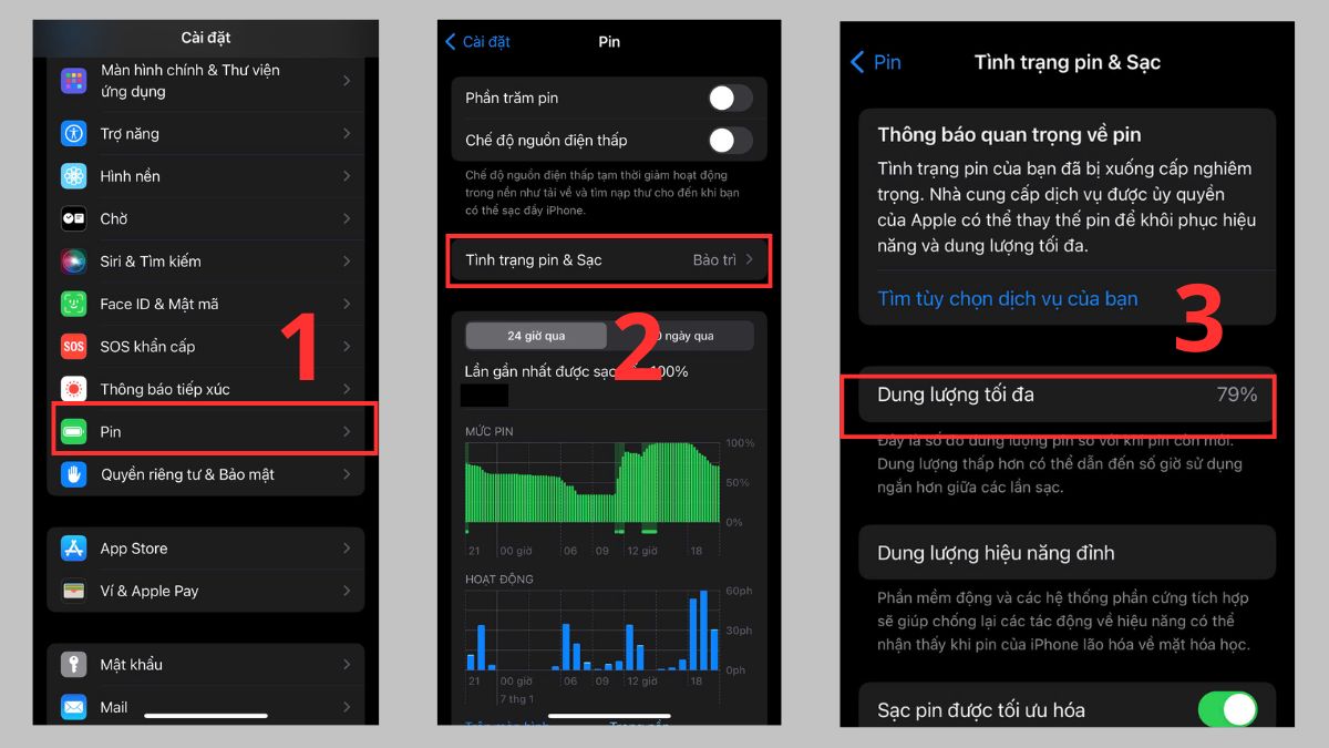 Kiểm tra dung lượng pin iPhone XS Max bằng dung lượng tối đa pin